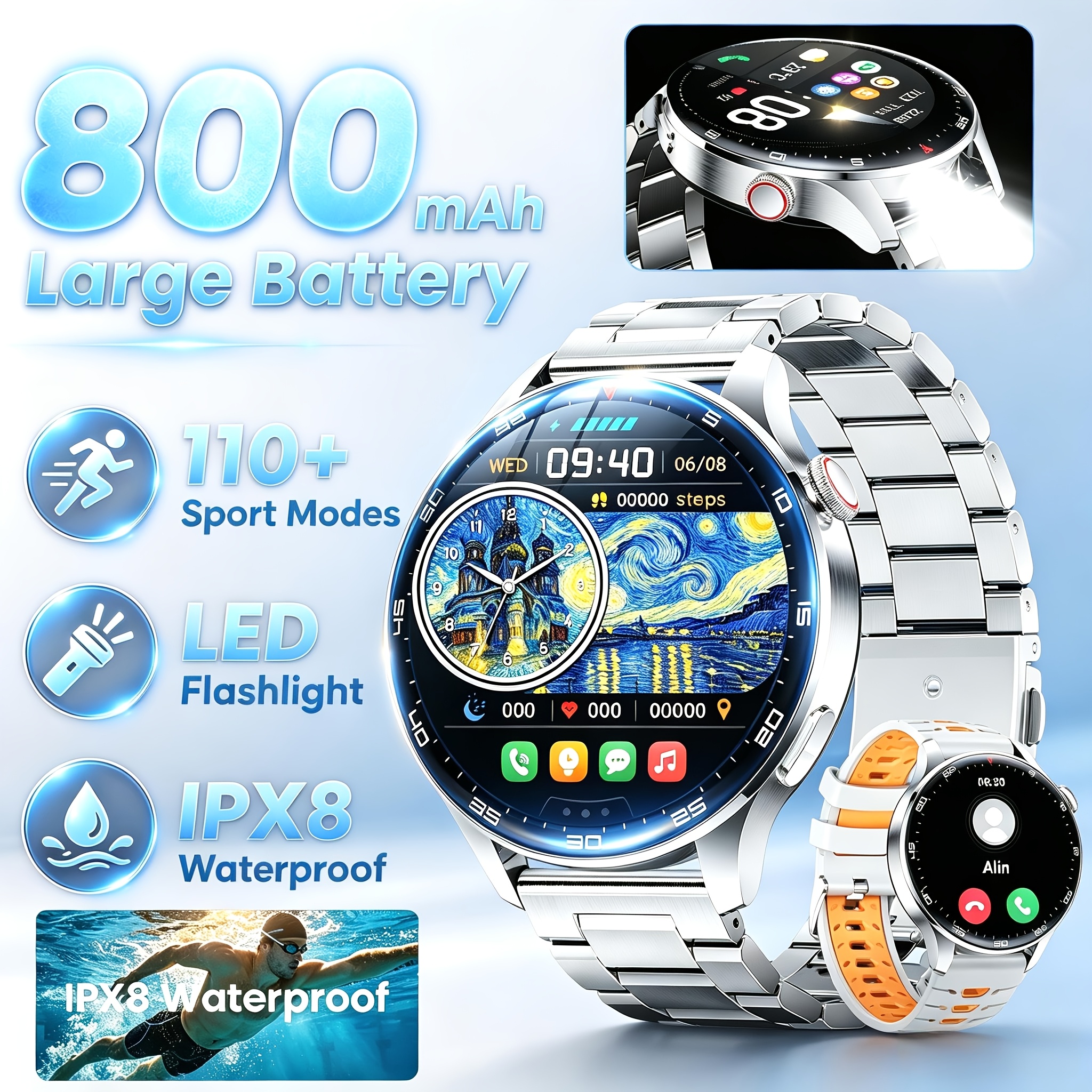 Image of Smart Watch For Men Wireless Calls Ipx8 Waterproof Men's Watch With Led Flashlight 800mah Large Battery 110 200+ Watch Faces For Iphone