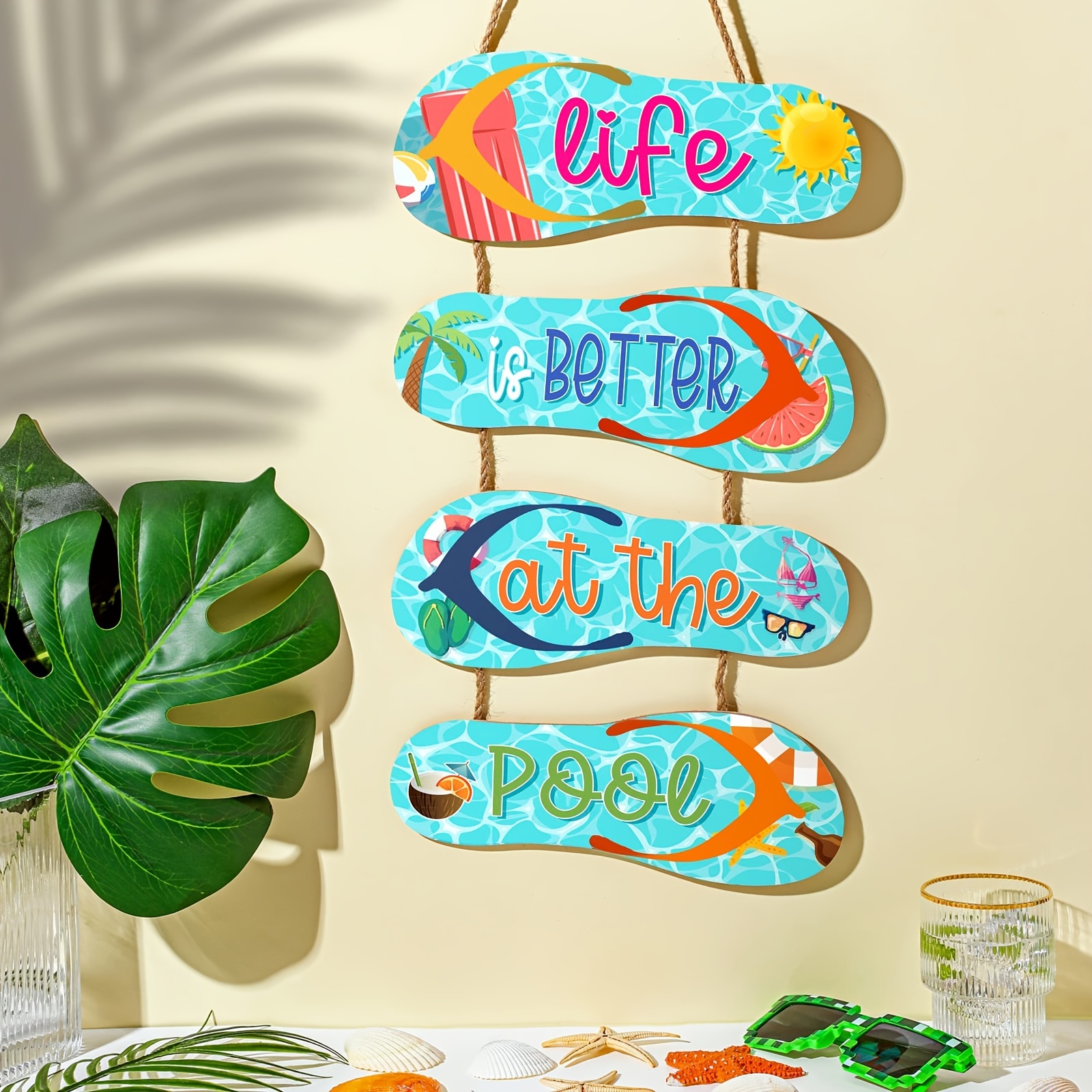 

Wooden Pool Hanging Sign - Universal Holiday Flip Flop Wall Decor - Outdoor Pool Themed Bathroom Wall Art - Easy To Hang Wood Pendant With Vibrant Summer Design - No Electricity Needed