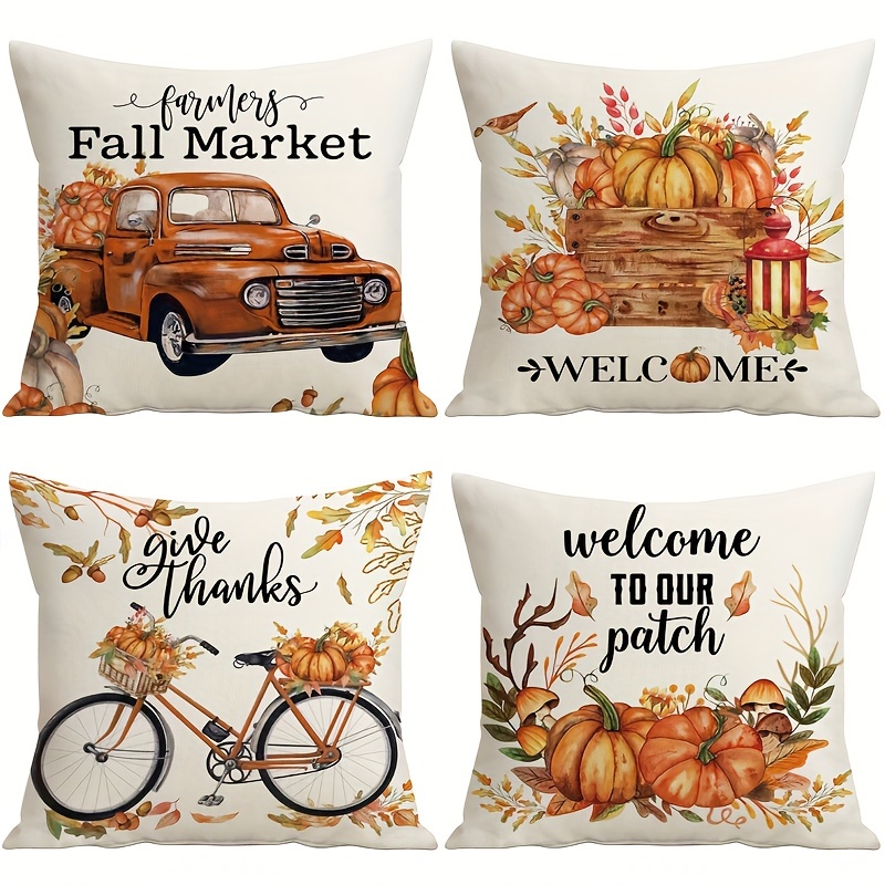 

4pcs Fall Pillow Covers 18x18 Inch Vintage Bicycle Welcome Our Patch Throw Pillow Covers Truck Pumpkins Thanksgiving Decorations Autumn Cushion Covers For Sofa Couch Farmhouse