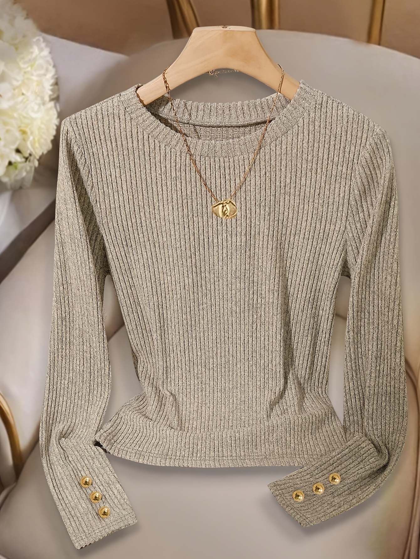 French-Style Elegant Slim-Fit Blouse Bonne - Button Front Placket, Round Neck Long Sleeve Sweater, Solid Color - Versatile Top for Casual & Professional Wear, Medium-Stretch Fabric (Hand Wash/Dry)
