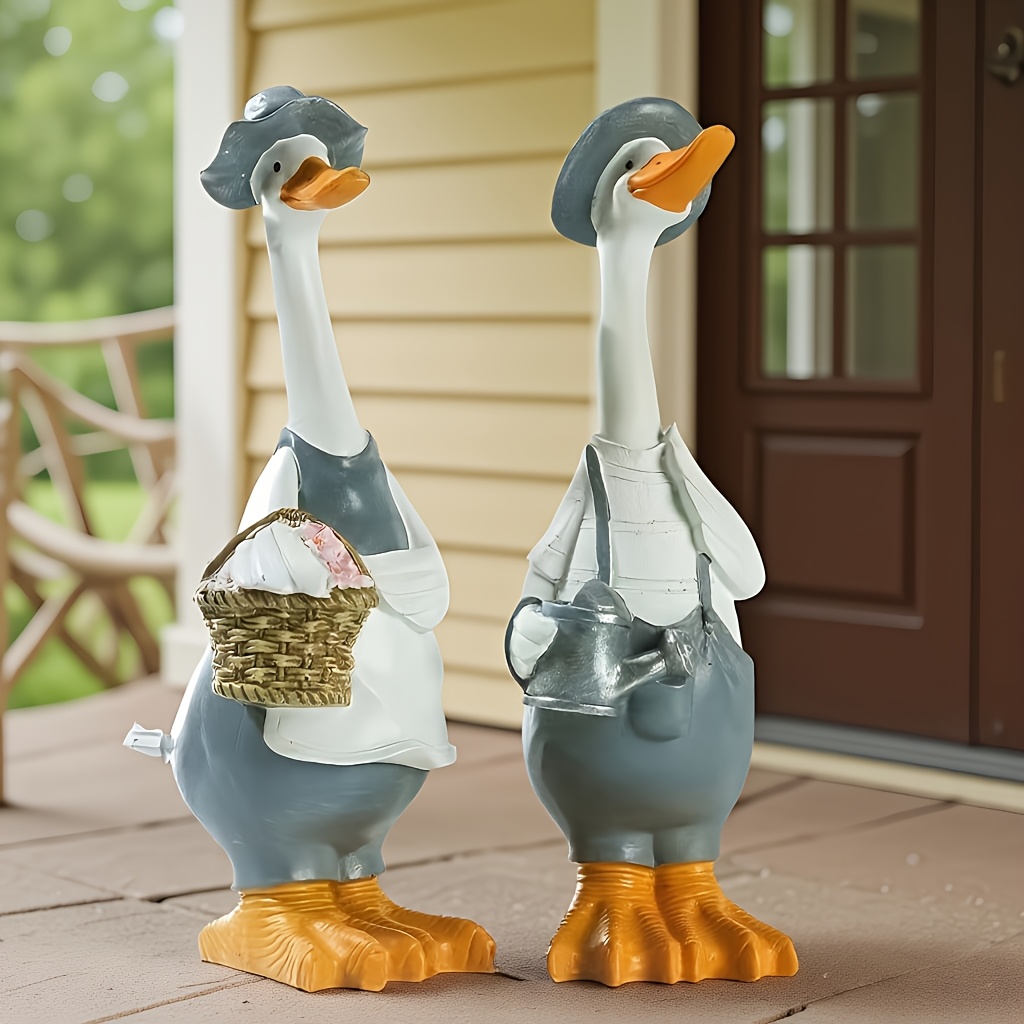 Image of 2pcs 12inch/30cm Tall Cute Ducks Statues Home Decor, Countryside Garden Sculptures Art Decor Goose For Yard Porch