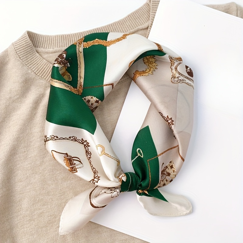 

1pc Green Lock Buckle Print Square Scarf Imitation Silk Thin Smooth Neck Scarf Vintage Style Sunscreen Headscarf