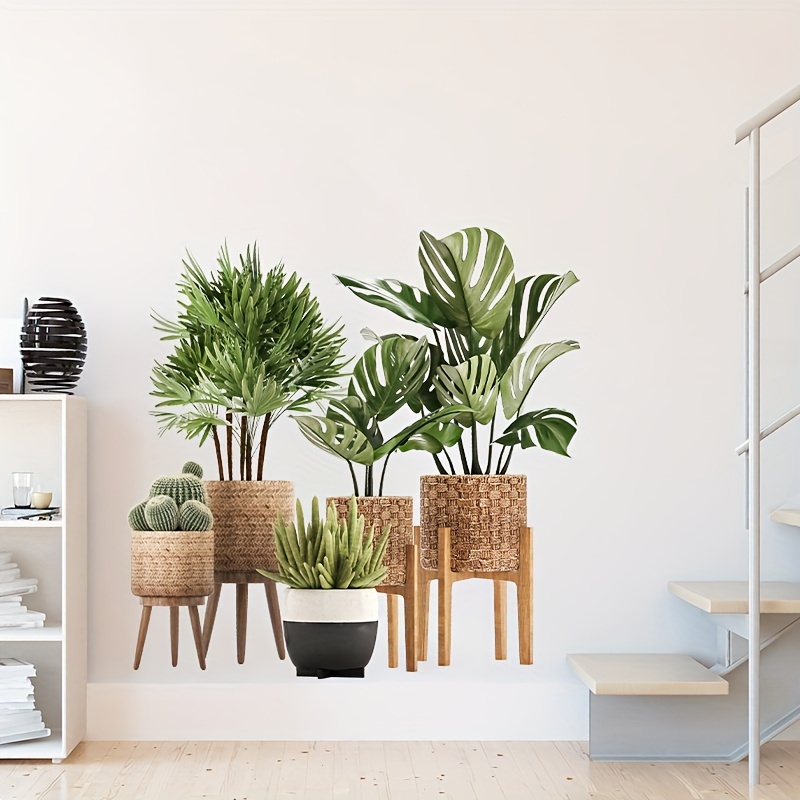 Image of 2pcs Leaf Potted Plant Wall Stickers Bedroom Living Room Home Decoration Bonsai Wall Stickers