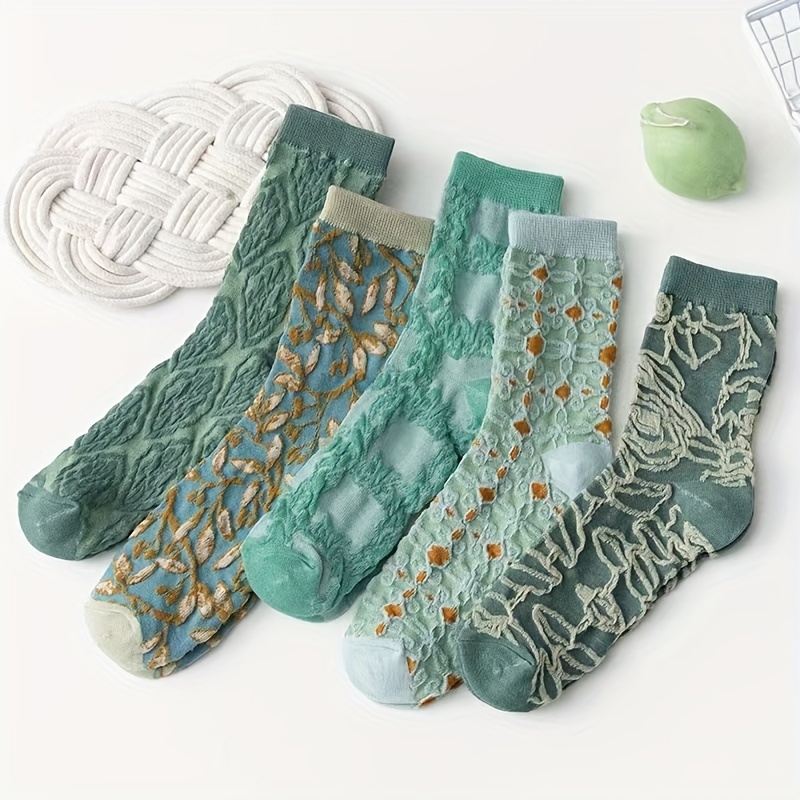 

5 paires de chaussettes vintage en relief, chaussettes mi-hautes confortables pour et l'hiver, bas et bonneterie pour femmes