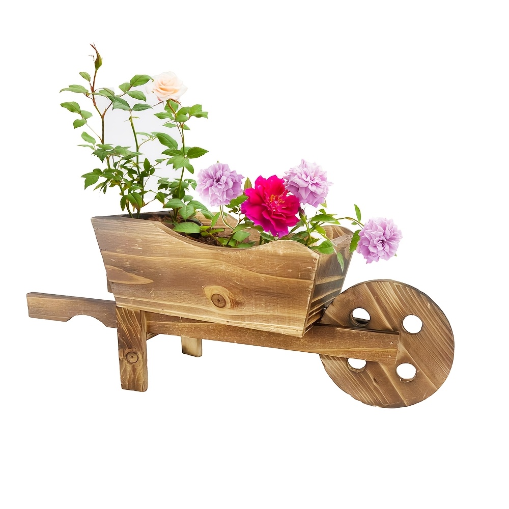 Image of 1pc, Flower Pot Wooden Cart Flower Pot Wheelbarrow Planter Planter Outdoor Garden Plant Planter Wheelbarrow Decoration Succulent Flower Pot Gardening Gift,home Decor