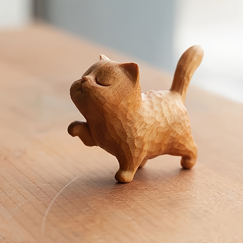Image of 1pc Christmas New Chinese Style Solid Wood Carved And Polished Cute Cartoon Cat Hammer Texture Cat Handle Piece Gift Ornament Couple Same Style