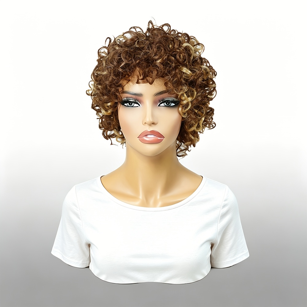 Image of Blonde Highlight Short Tight Curly Cut Human Hair Wigs With Textured Curly Bangs, 2 Tone Short Cut Bob Wig For Daily Party Casual Wear