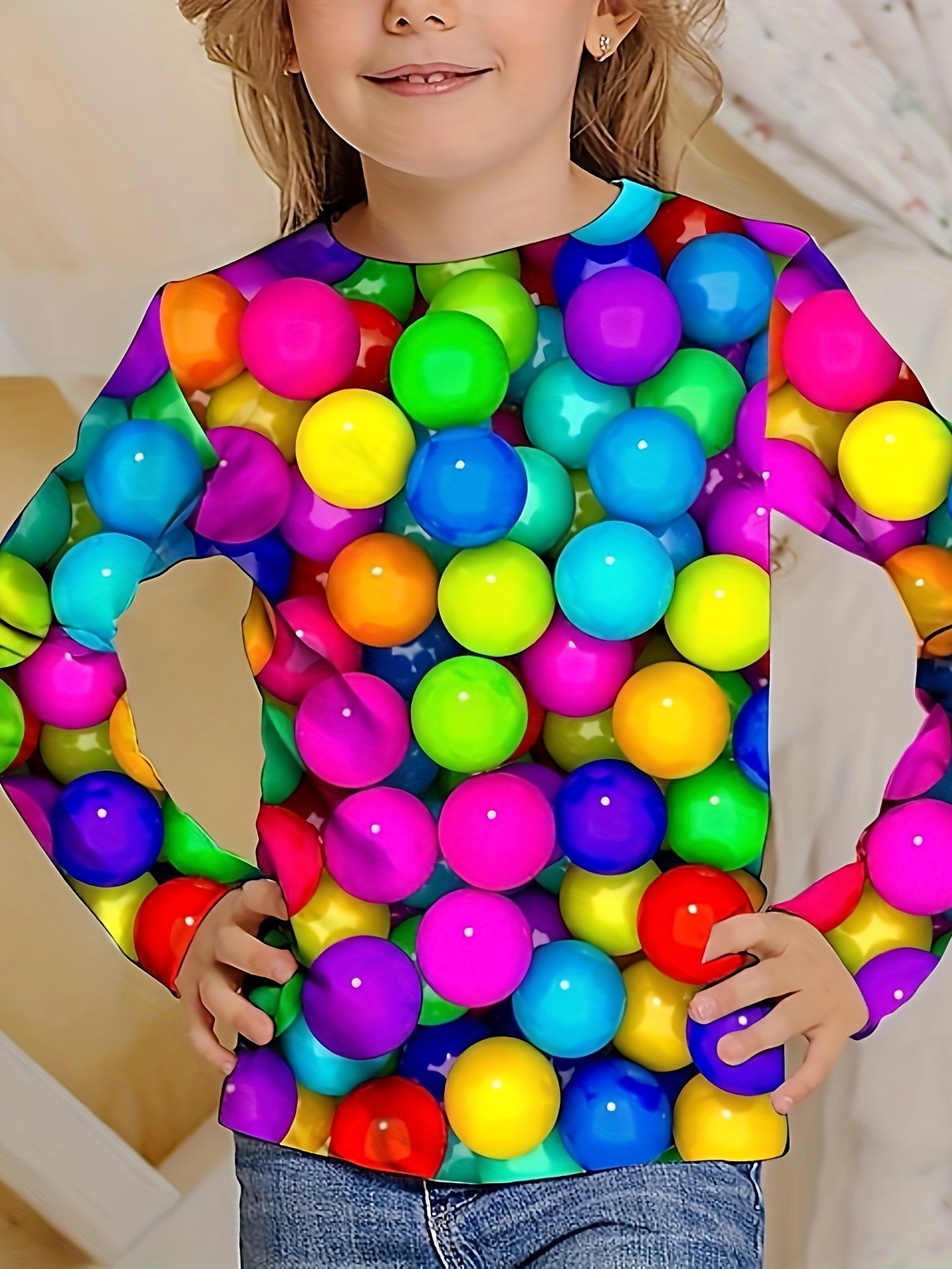 Casual Rainbow Balls Graphic Crew Neck Long Sleeve T-Shirt Top Pullover Outdoor Gift For Girls