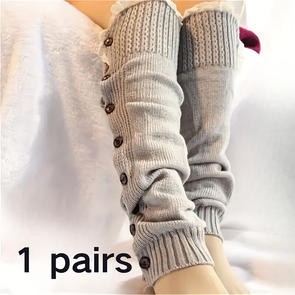 

1 Pair Of Chic Women's Knit Leg Warmers With Elegant Buttons - High Elasticity, Footless Design In Light Gray, Solid Color, Polyester , Machine Washable - Fashionable Knee- Socks, Cute Socks