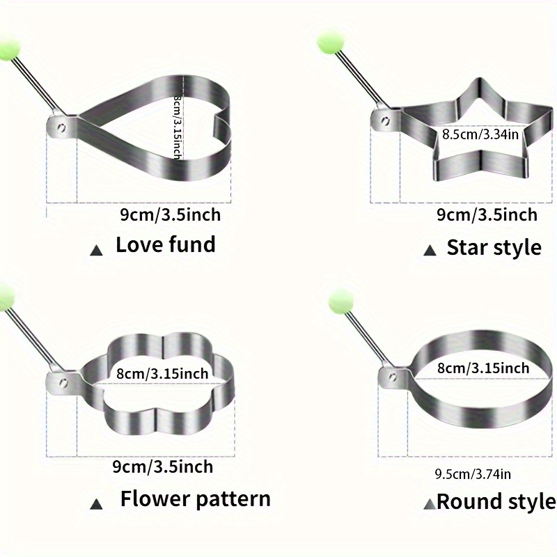 Juego de 4 moldes para huevos de acero inoxidable, con formas de corazón, estrella, flor y redonda, herramienta para dar forma al desayuno