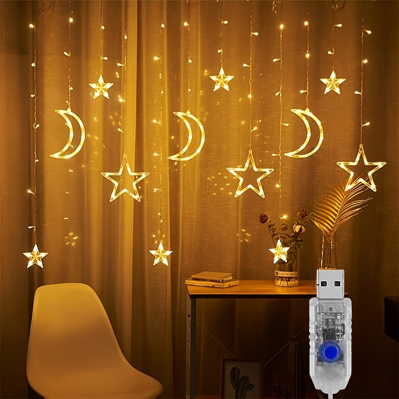1pc usb powered led star and moon curtain lights warm white fairy string lights for bedroom living room window party christmas ramadan decor contemporary style plastic material bedroom ambiance lights star moon theme warm   led lights for bedroom 0