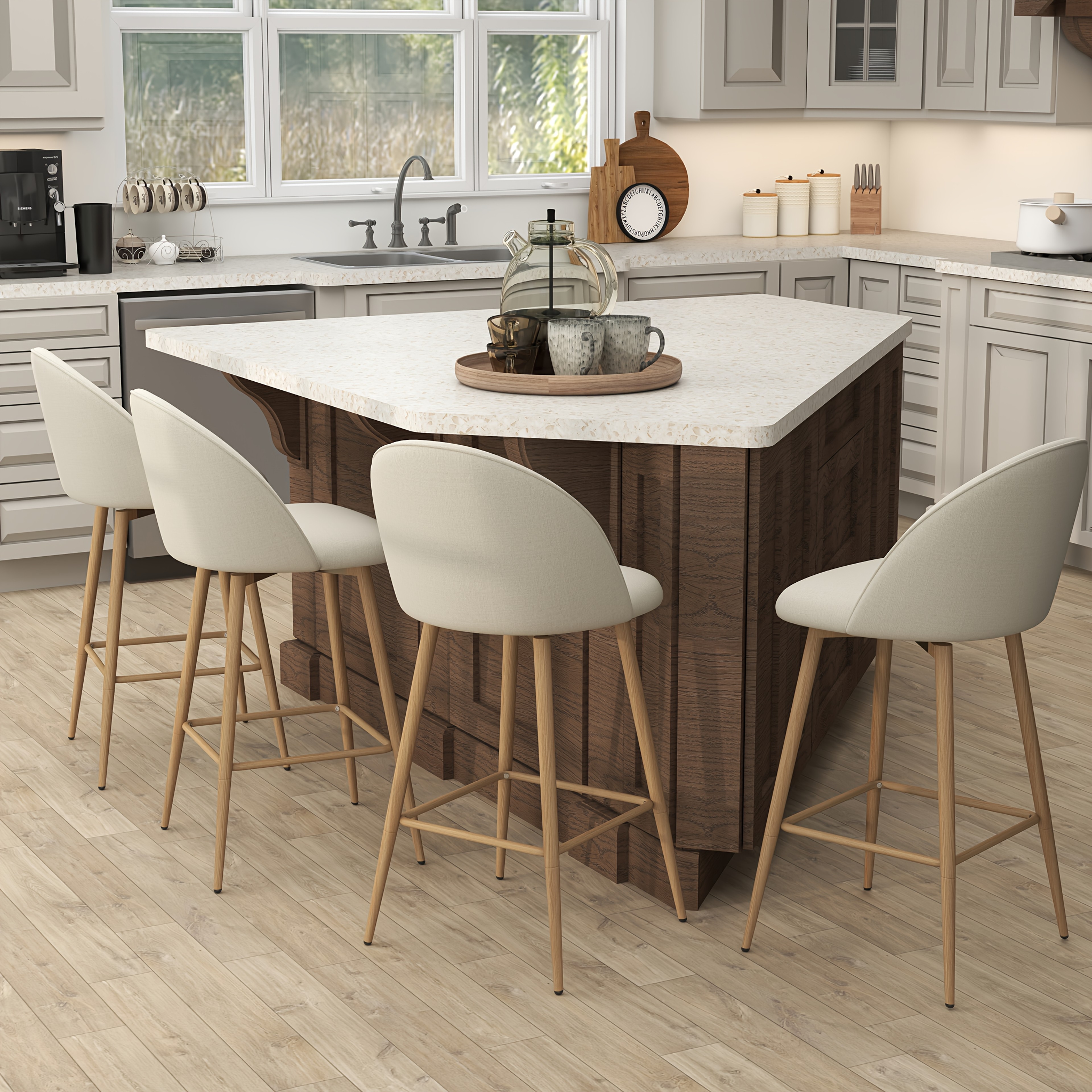 TEMU Casa Set Of 1/ 2/ 3/ 4 Upholstered Swivel Counter Stools, , Industrial Style, Beige Fabric Seat With Footrest & Oak-finish Legs, Ideal For