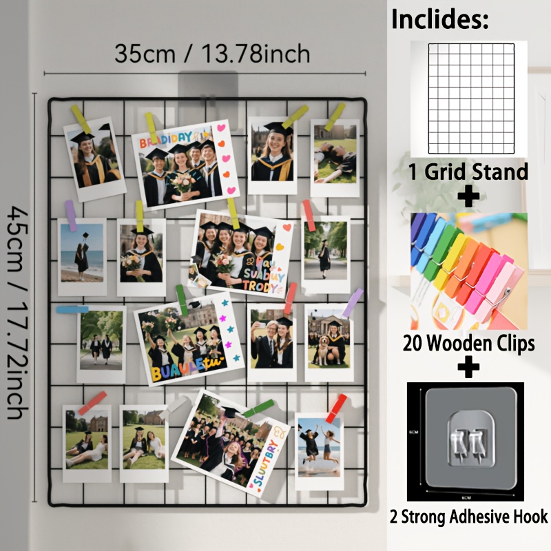 TEMU Metal Grid Photo Display Stand With Wall Sticker Hooks, Space- Wall-mounted Rack, Suitable For Displaying Artworks, Photos And Crafts, Equipped