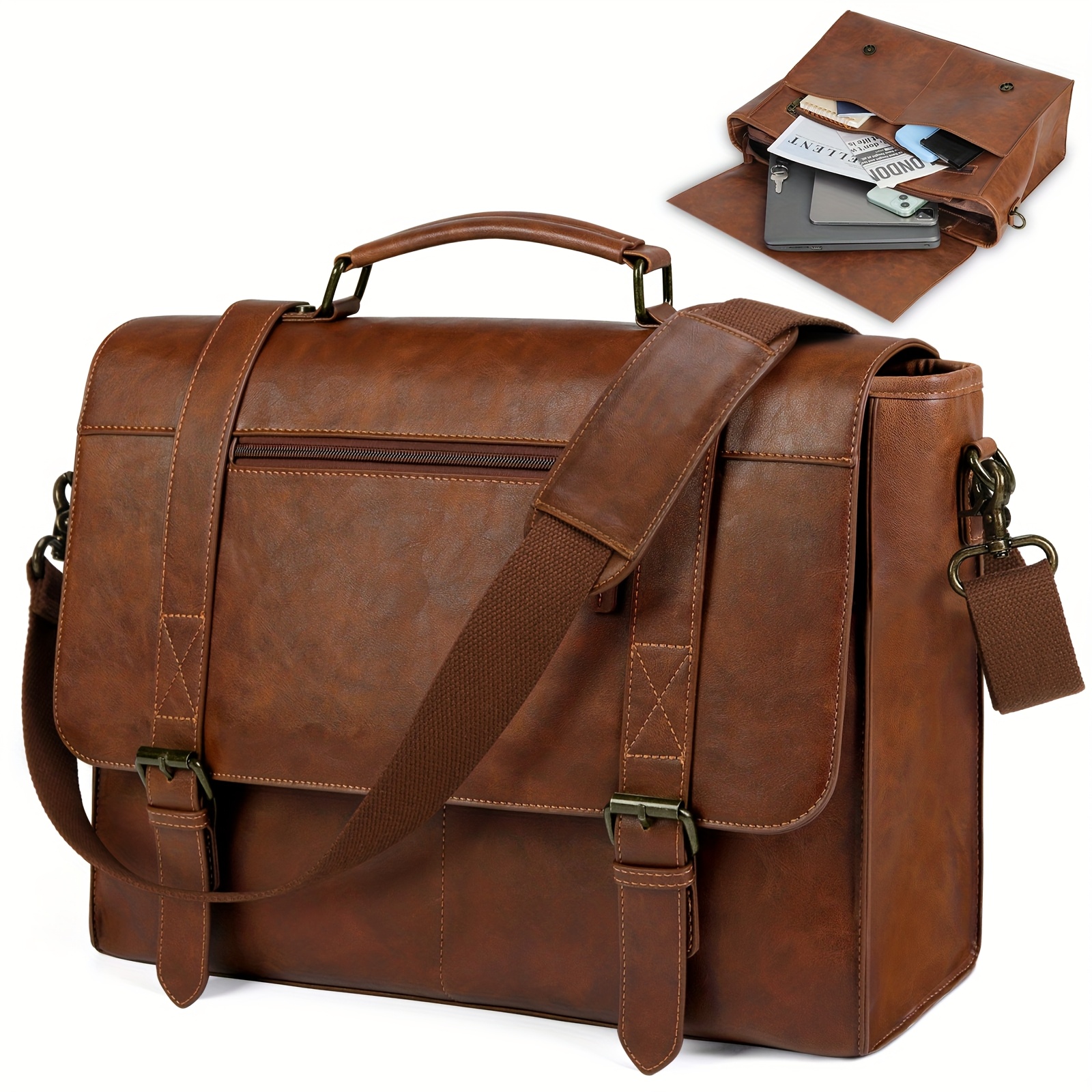 Image of Rainsmore Men's Messenger Bag For 15.6 Inch Laptops, Vintage Faux Leather Briefcase For Office Use