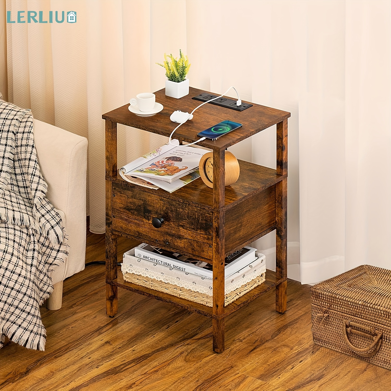 

Lerliuo Nightstands With Charging Station And Usb , 3-tier Storage End Table With Drawer Shelf, For Small , Wood Bedside Table For Living Room, Bedroom -