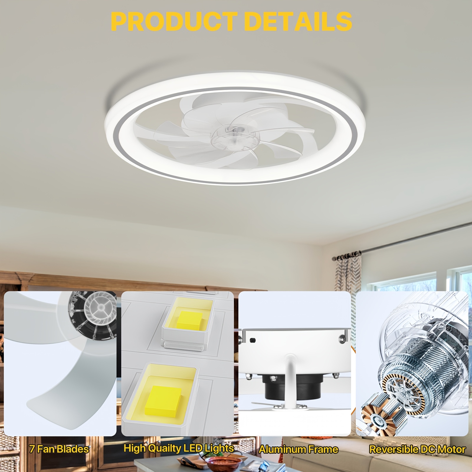20 modern dimmable led ceiling fan with light   control 3 color temperatures 6 adjustable   flush mount design for bedroom   timer setting wireless control polished   bedroom ceiling fan contemporary lighting Product details 7