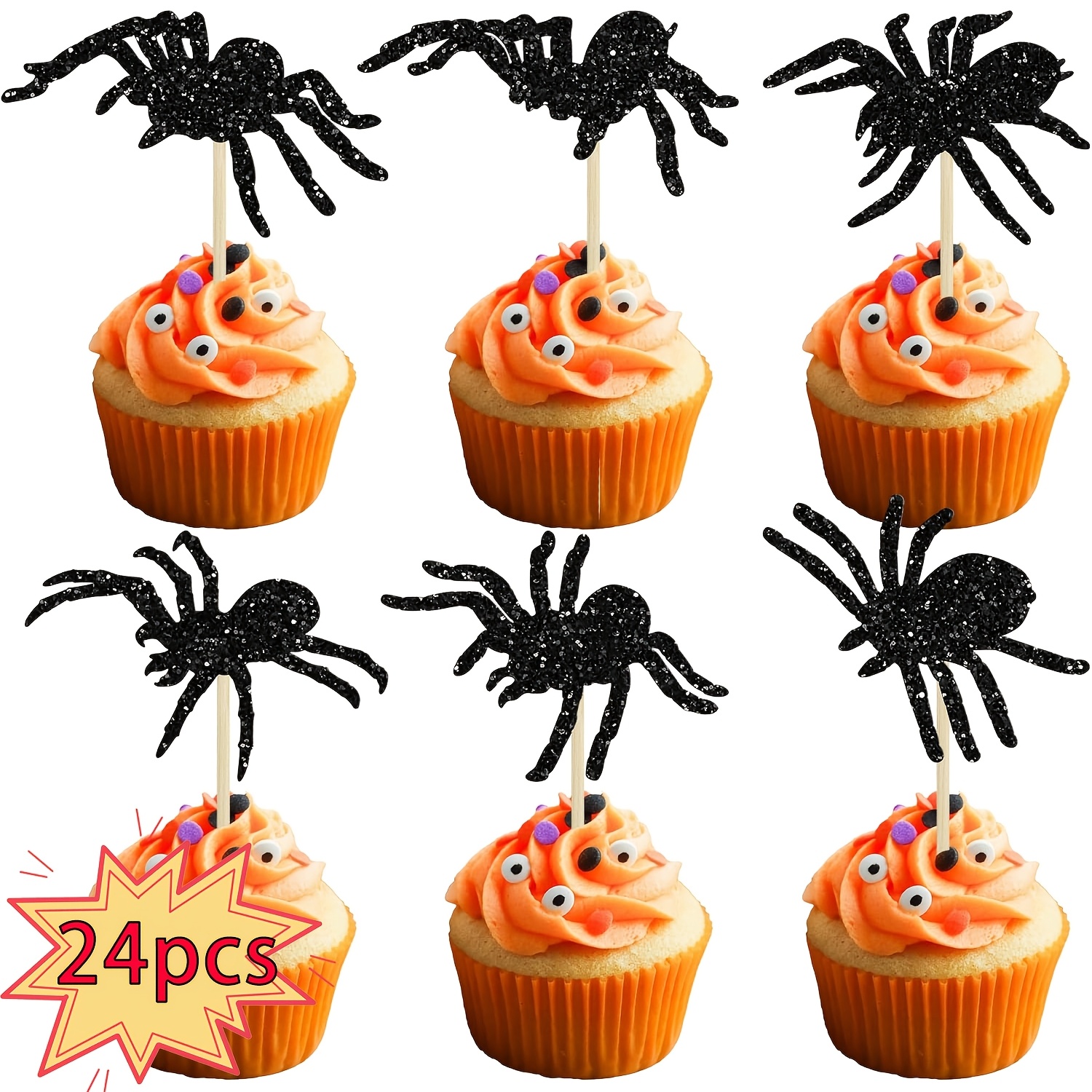 Image of 24pcs Halloween Cupcake Toppers - Glitter Black Picks For Cake Decorations, Baby Shower, Birthday Party Supplies,halloween, Christmas