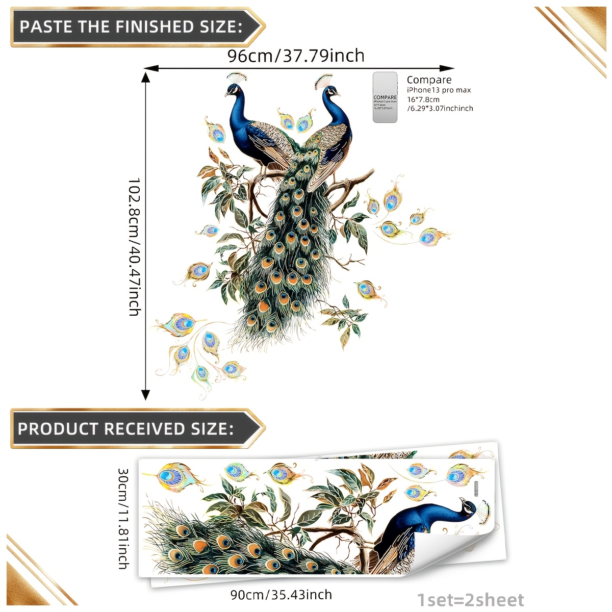 Image of 2 Sheets Of 2 Peacock Branches With Gold Foil Craft Wall Stickers For Bedroom And Living Room Background Wall Home Decoration Stickers Self-adhesive Xj006-zc