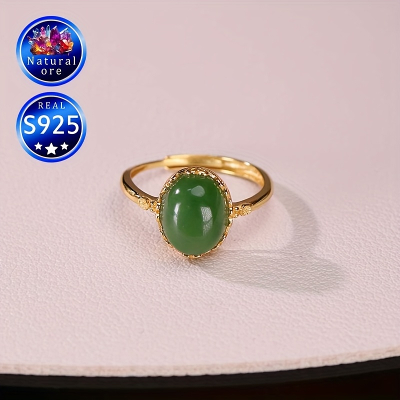 S925 Silver Green Natural Stone Adjustable Open Ring in Gift Box