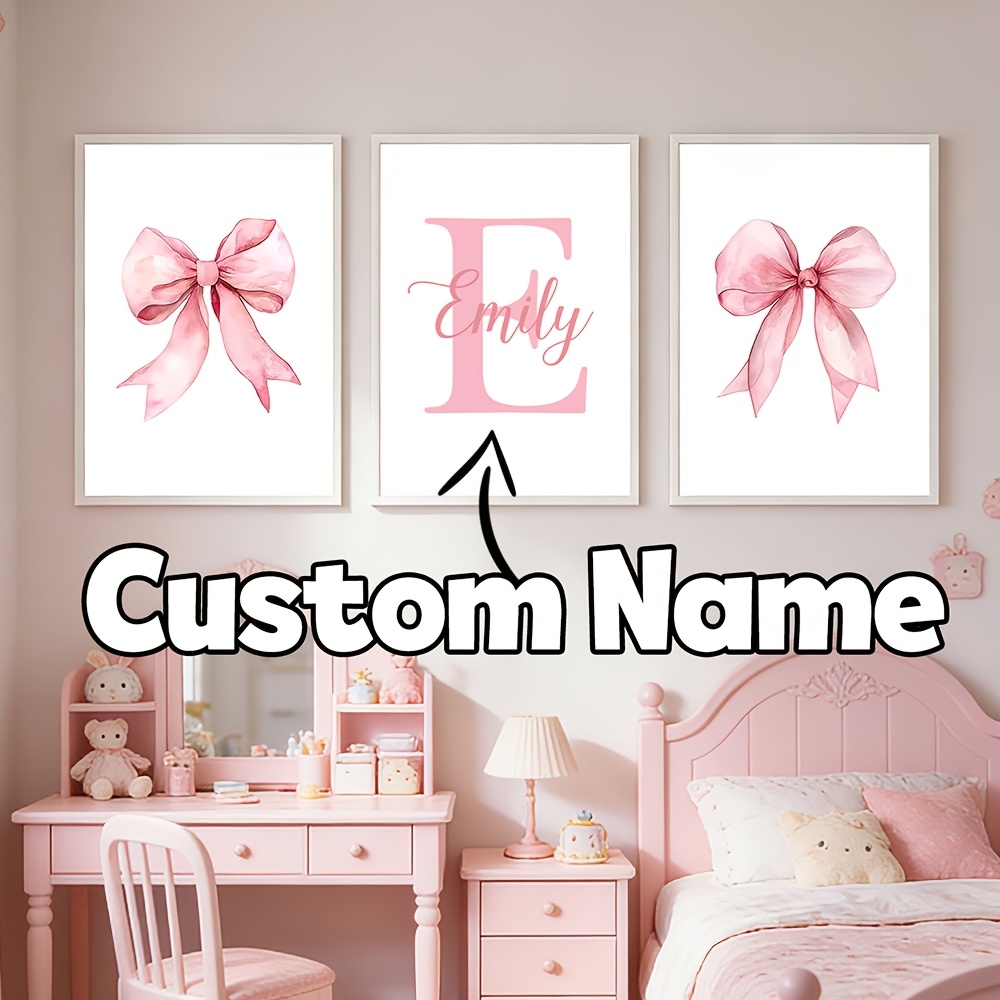 E-shop 3er Set Personalisierte Rosa Schleife Namens Wandkunst | Personalisierte Initial Deko für Mädchen, Herz Rosen Schleife Leinwanddruck, Gemütliche
