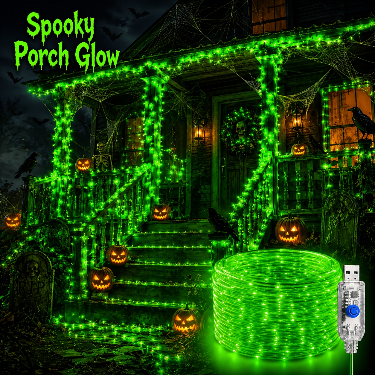 TEMU Halloween Fairy String Lights Usb Powered Flexible Rope Lighting For Indoor Outdoor Yard Garden Tree Christmas Holiday Party Spooky Room Decor
