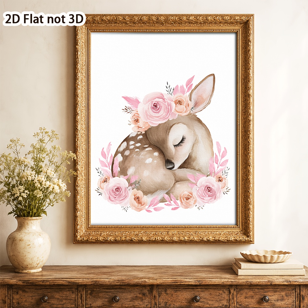 Cute Sleeping Deer and Pink Rose Frameless Poster, Nursery Decor