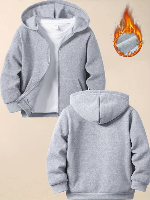 youth boys fashionable solid color casual hoodie jacket sweatshirt smooth comfortable and for spring autumn and winter white lining not for