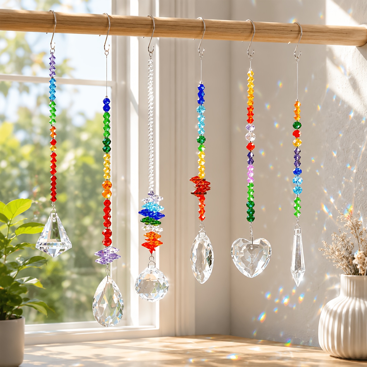 TEMU 6pcs Set Of Colored Crystal Glass Prism Pendants - Suitable For Home, Office And Garden Decor