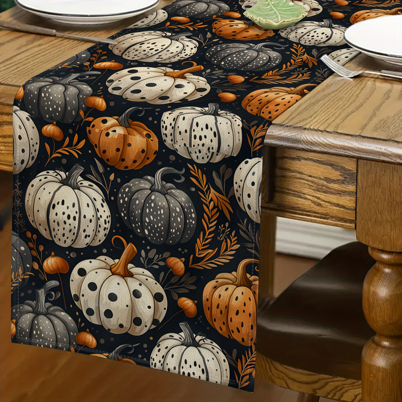 

Thanksgiving Pumpkin Runner - 1pc Rectangular Table Decor, Knit Fabric Weave, Seasonal Home & Outdoor Party Supplies, Thanksgiving Day Decorations