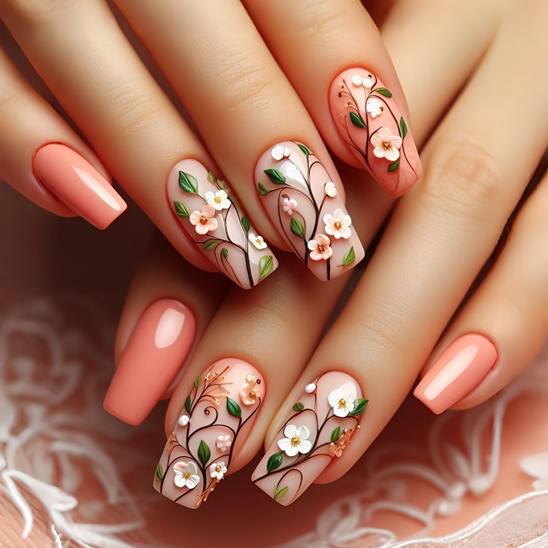 TEMU Cute Orange Flowers For Spring And Summer Nail Press-ons