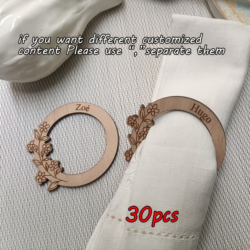 TEMU 30pcs Personalized Round Floral Napkin Rings Seating Cards, Laser-cut Custom Wooden Guest Name Plates, Table Decor Napkin Holders, Suitable For