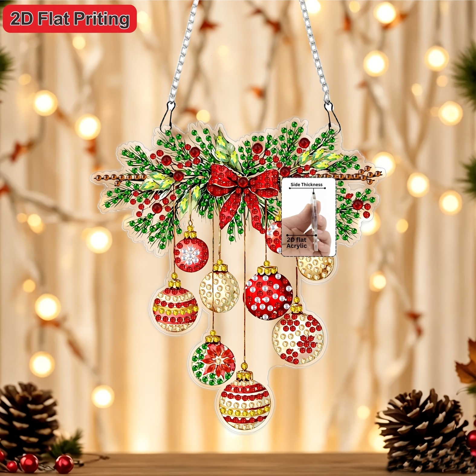 TEMU Kit per pittura diamante 2D piatto a tema ramo di pino, palla e natalizio, fai da te con strass per decorazione da appendere a finestra e porta,