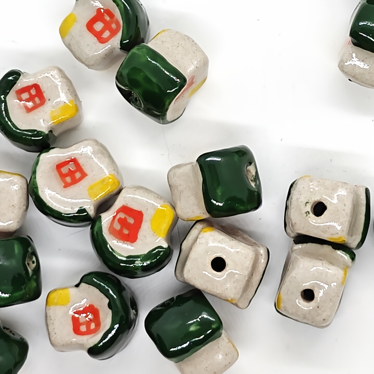 4pcs Vintage Green House Ceramic Beads for Jewellery Making