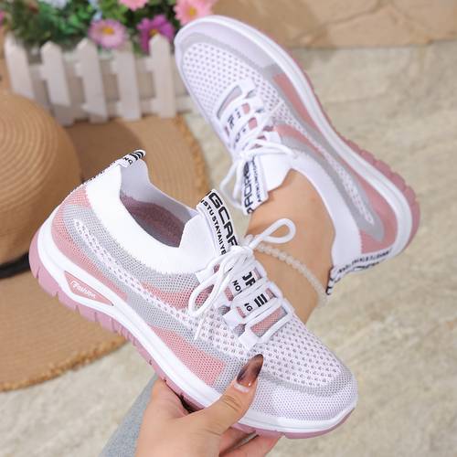 womens new casual sneakers lightweight soft sole slip resistant shoes breathable mesh gradient color stripes suitable for garden and beach activities lace up low top durable pu sole contrast women shoes