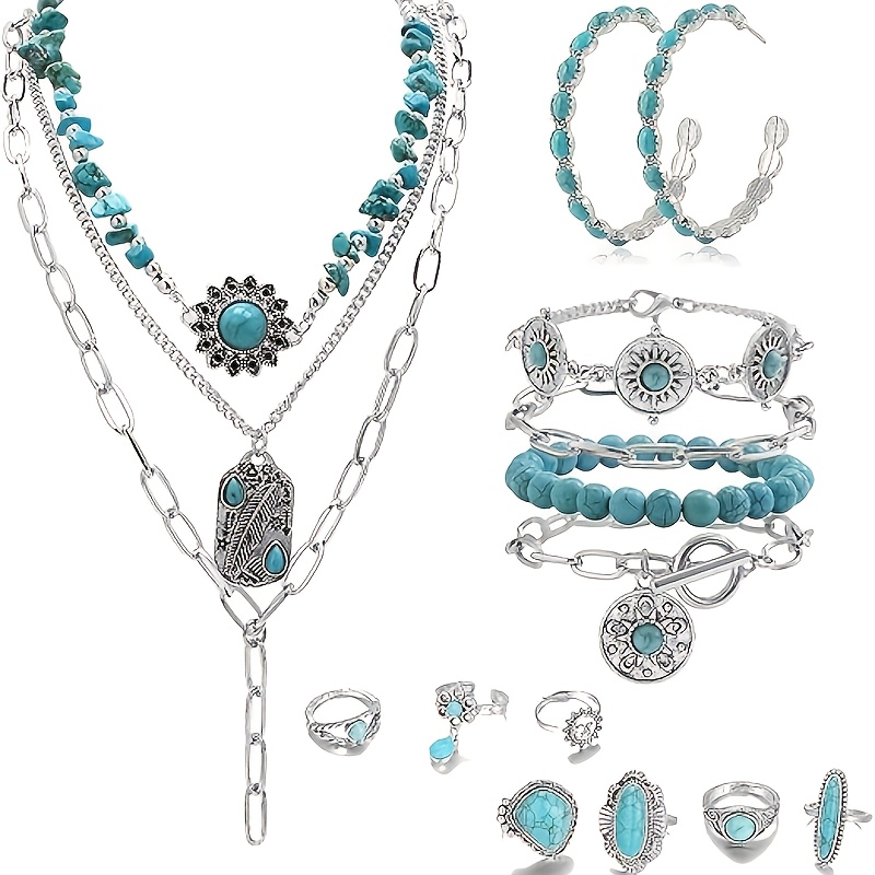 TEMU 16pcs Bohemian Retro Style Synthetic Turquoise Sunflower Necklace Earrings Bracelet Ring Women's Jewelry Set Daily Vacation Party Holiday Wear