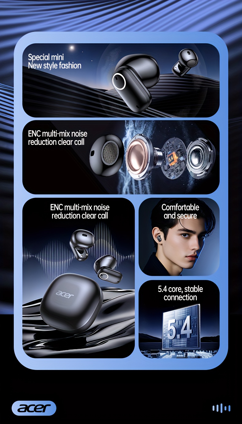 ACER TWS Wireless Earbuds with Deep Noise Reduction - 50h Long Standby, Low Latency, HIFI Stereo Sound, Touch Control, Rechargeable Lithium Battery, Ideal for Running & Sports, Sports Headphones|Ergonomic Design|Durable Plastic