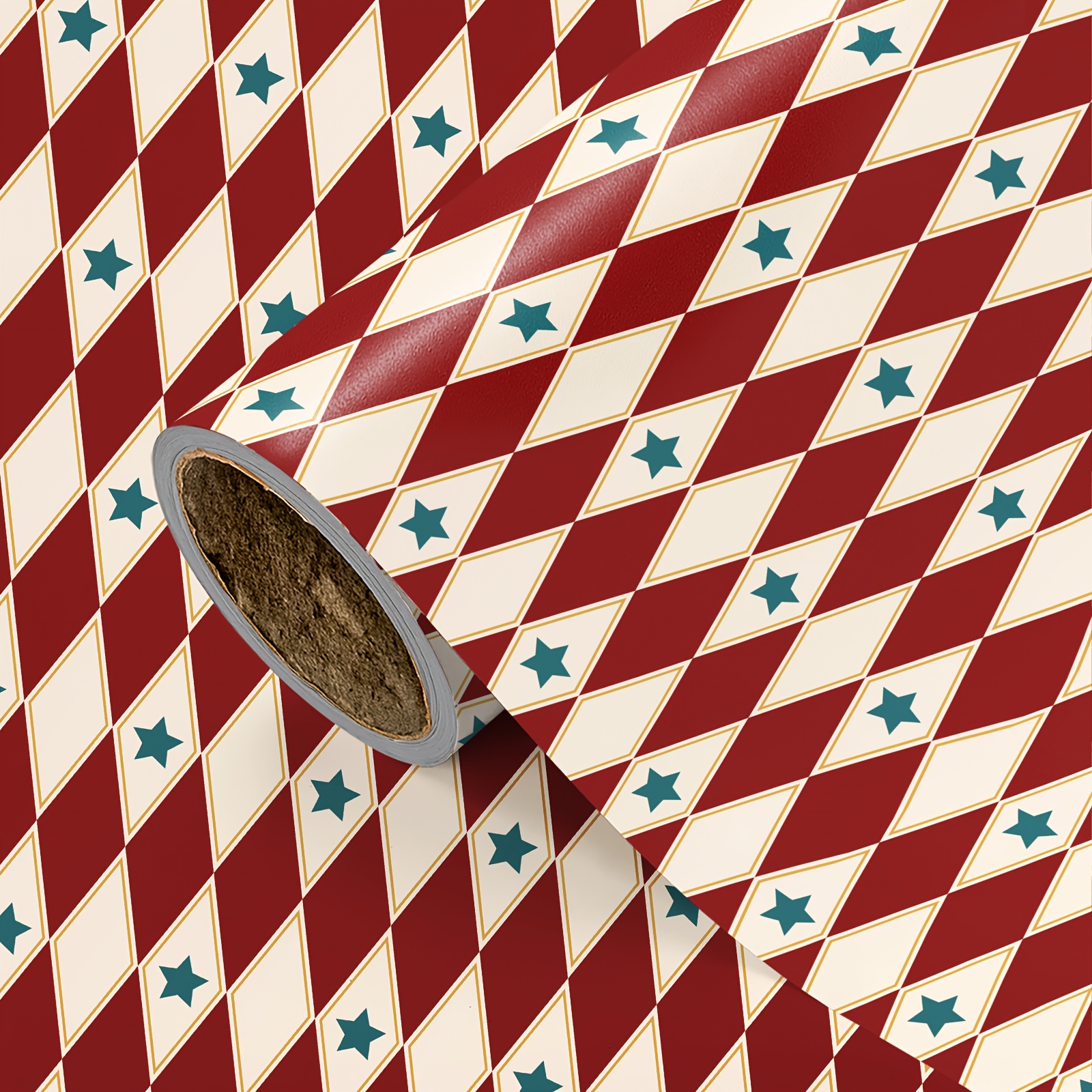 TEMU 1 Rolle Geschenkpapier im Vintage-Geometrie-Design | Rot-weißes Argyle-Diamantgitter mit türkisfarbenen Sternenmustern für