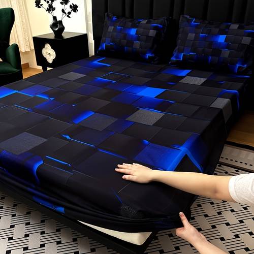 3pcs cool technology digital printing material plaid fitted sheet 1pc bed sheet 2pcs pillowcase no filling deep pocket in 15 inch at home suitable for mattress protector