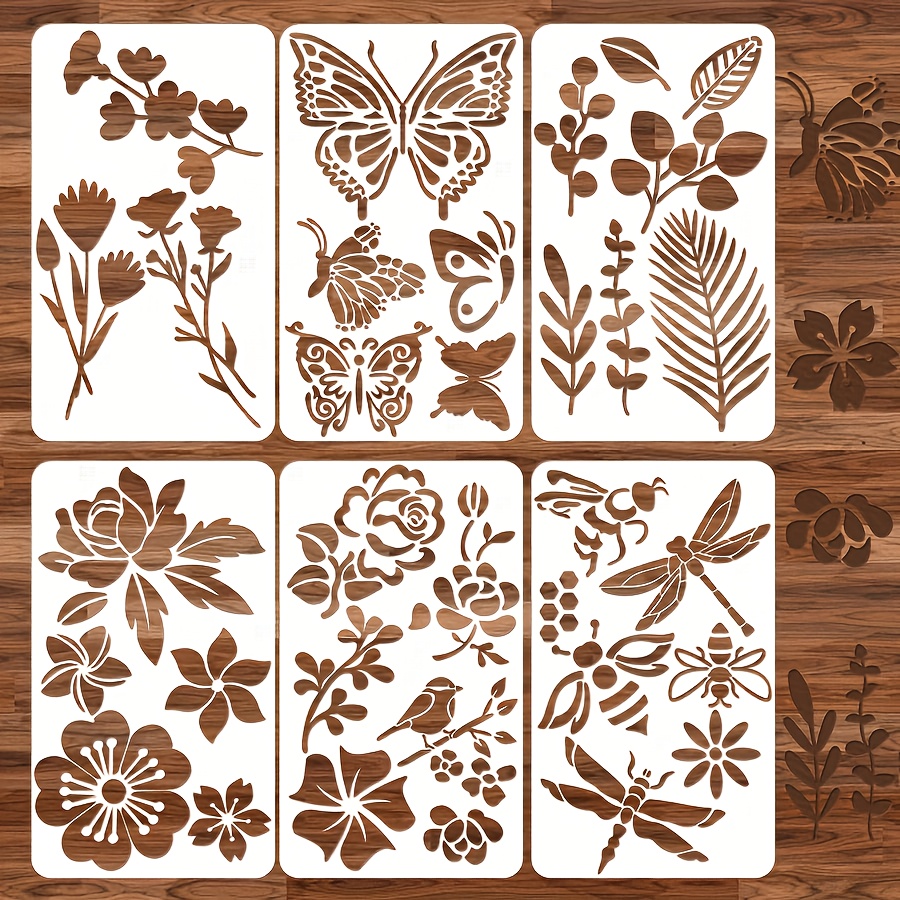 TEMU 6pcs Mixed Plastic Stencils, Wood Stencils, Journal Stencils, Wood Carving Stencils, Painting Stencils, Scrapbooking, Journal Crafts, Diy,