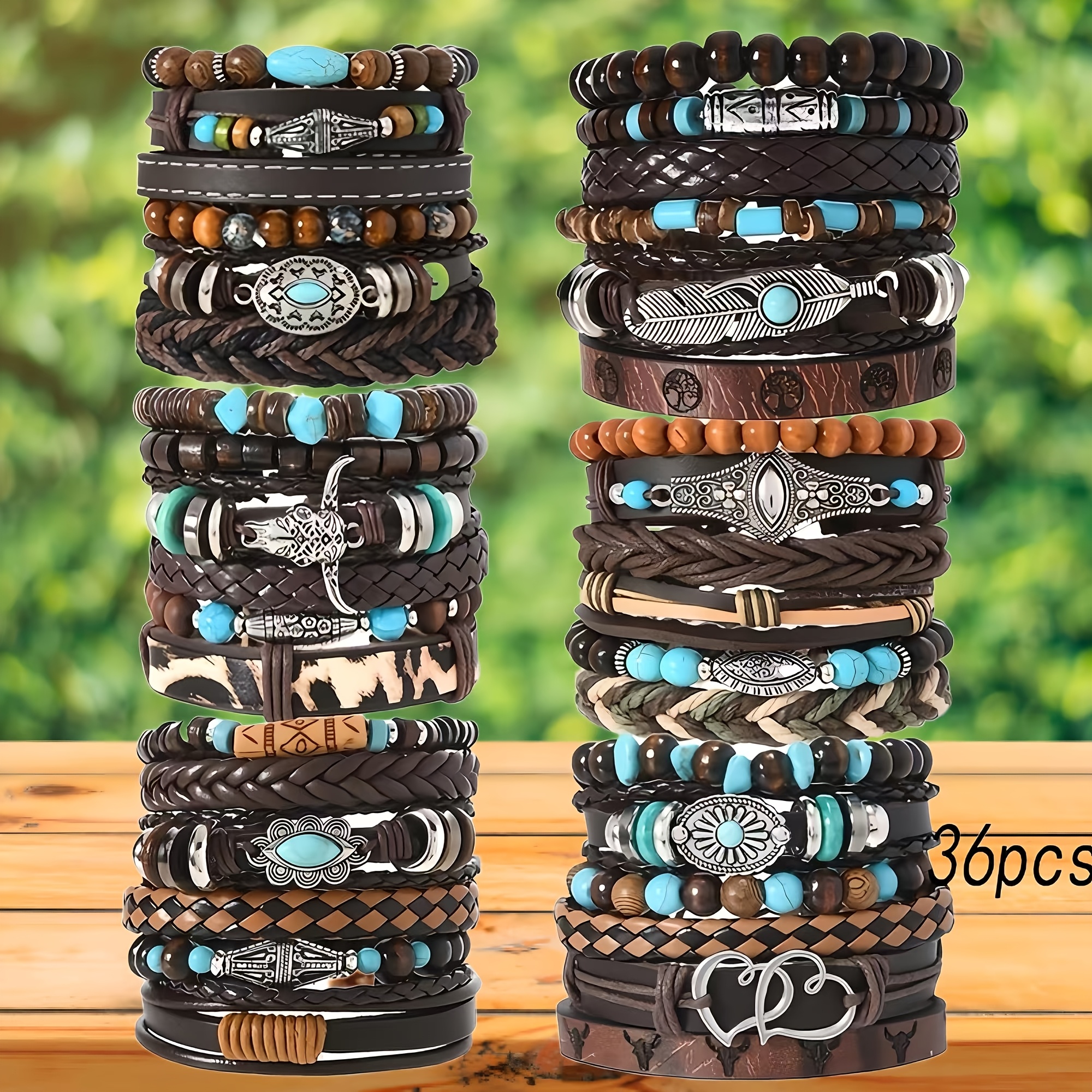 

36pcs Vintage Leather & Beaded Bracelet Set For Men - Adjustable, Fashionable Leather Wristbands With Turquoise Accents - Perfect Gift For Christmas, Valentine's Day, Father's Day