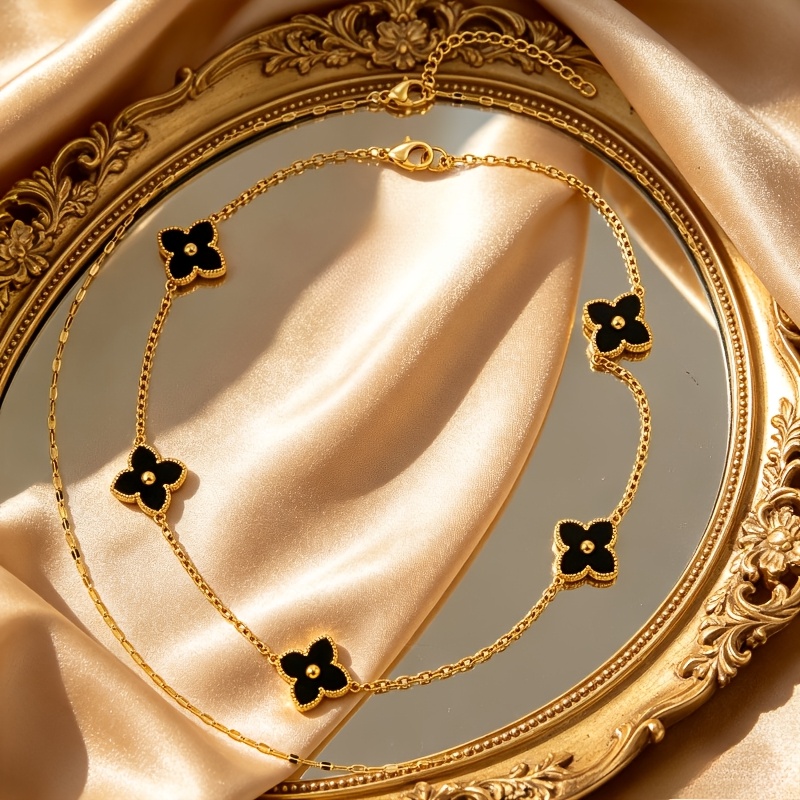 TEMU 2pcs Black Enamel Leaf Clover Layered Necklaces, Clover Stackable Choker, Waterproof 18k Golden Plated 304 Stainless Steel Jewelry, Mother's Day