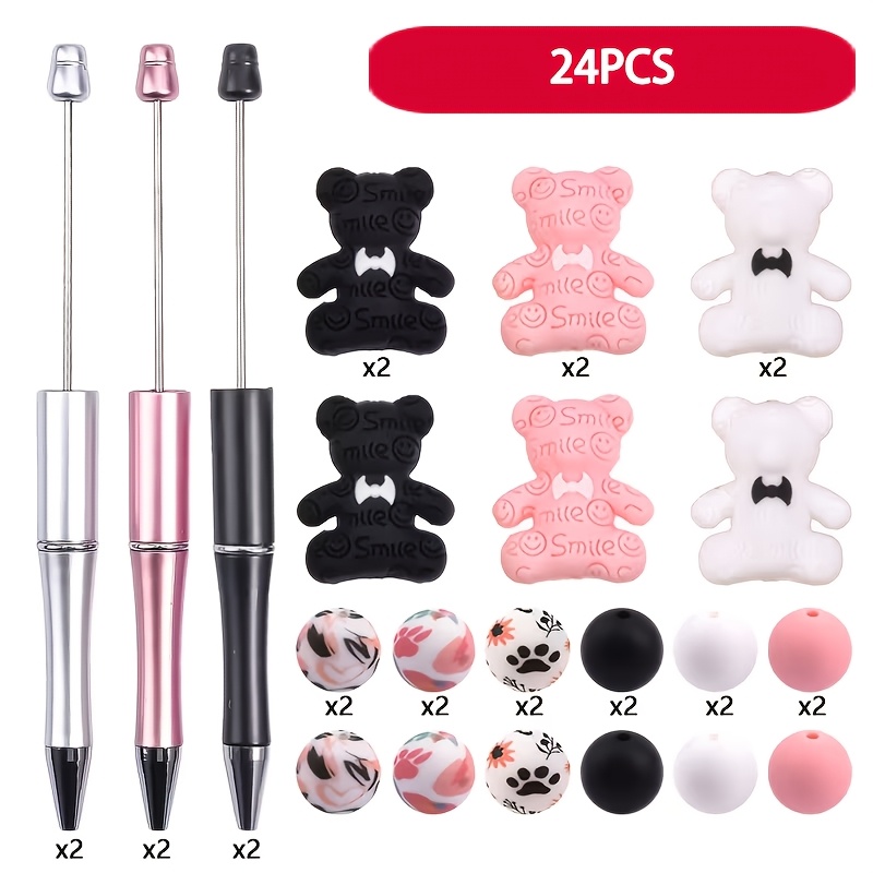 TEMU Kit de fabrication de bijoux et de stylos perlés 24 pièces avec perles 3D - Stylos perlés à soi- avec perles d', colle requise, convient pour de