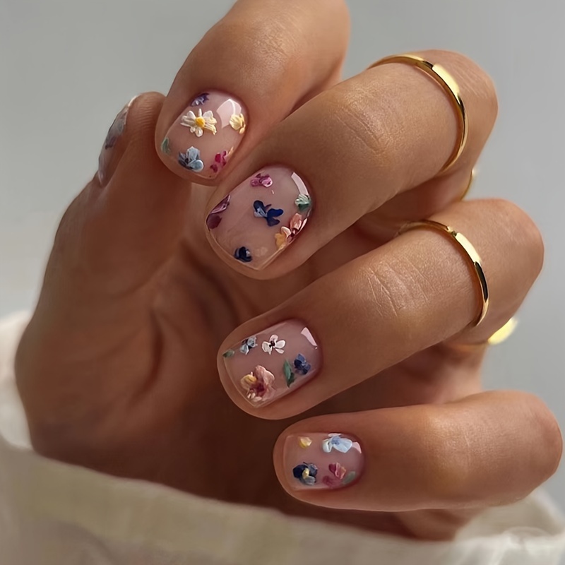 

24pcs Colorful Broken Flower Design Summer False Nails Short Square Press On Nails Cute Floral Fake Nails, 1pc Nail File And 1sheet Jelly Tabs Included Easter