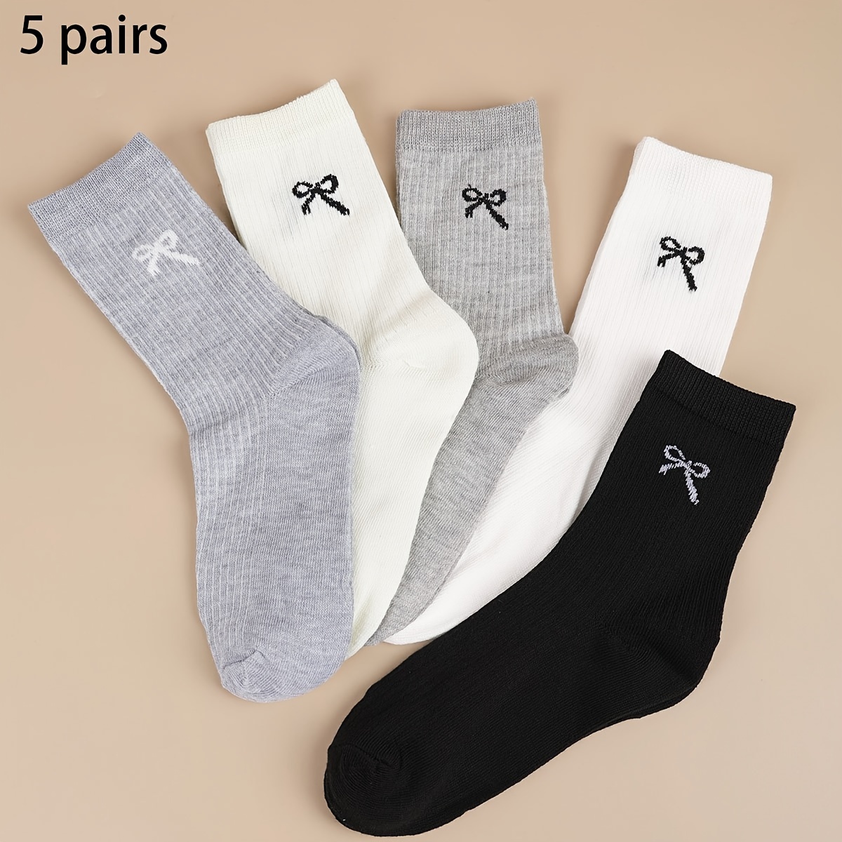 

5 Pairs Of Color Bowknot Women's Mid-calf Socks, Thin And Casual Fashionable Women's Socks For All