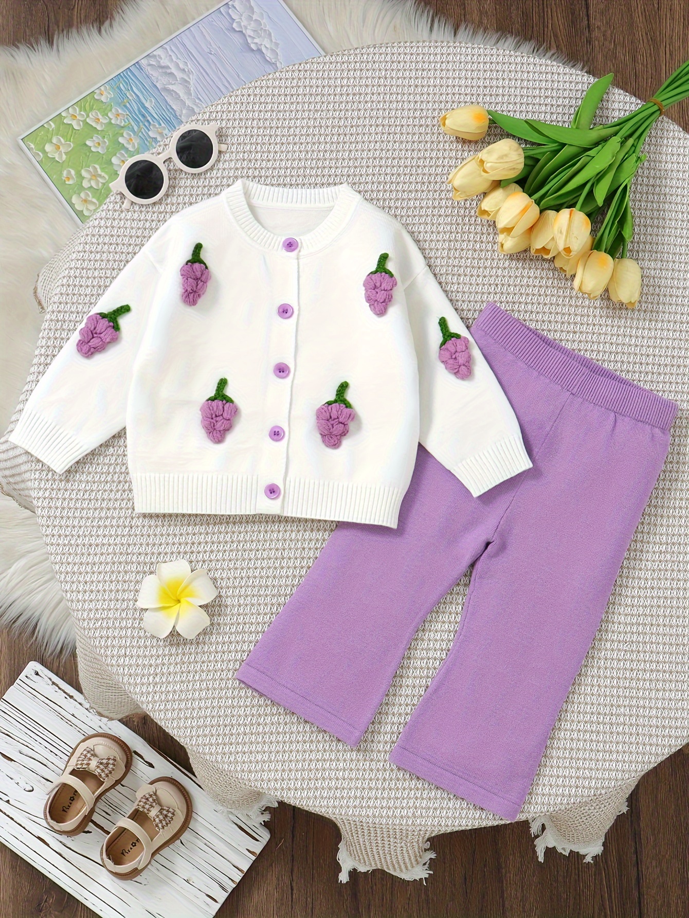 2pcs babys cute grape crochet knitted cardigan casual pants Temu