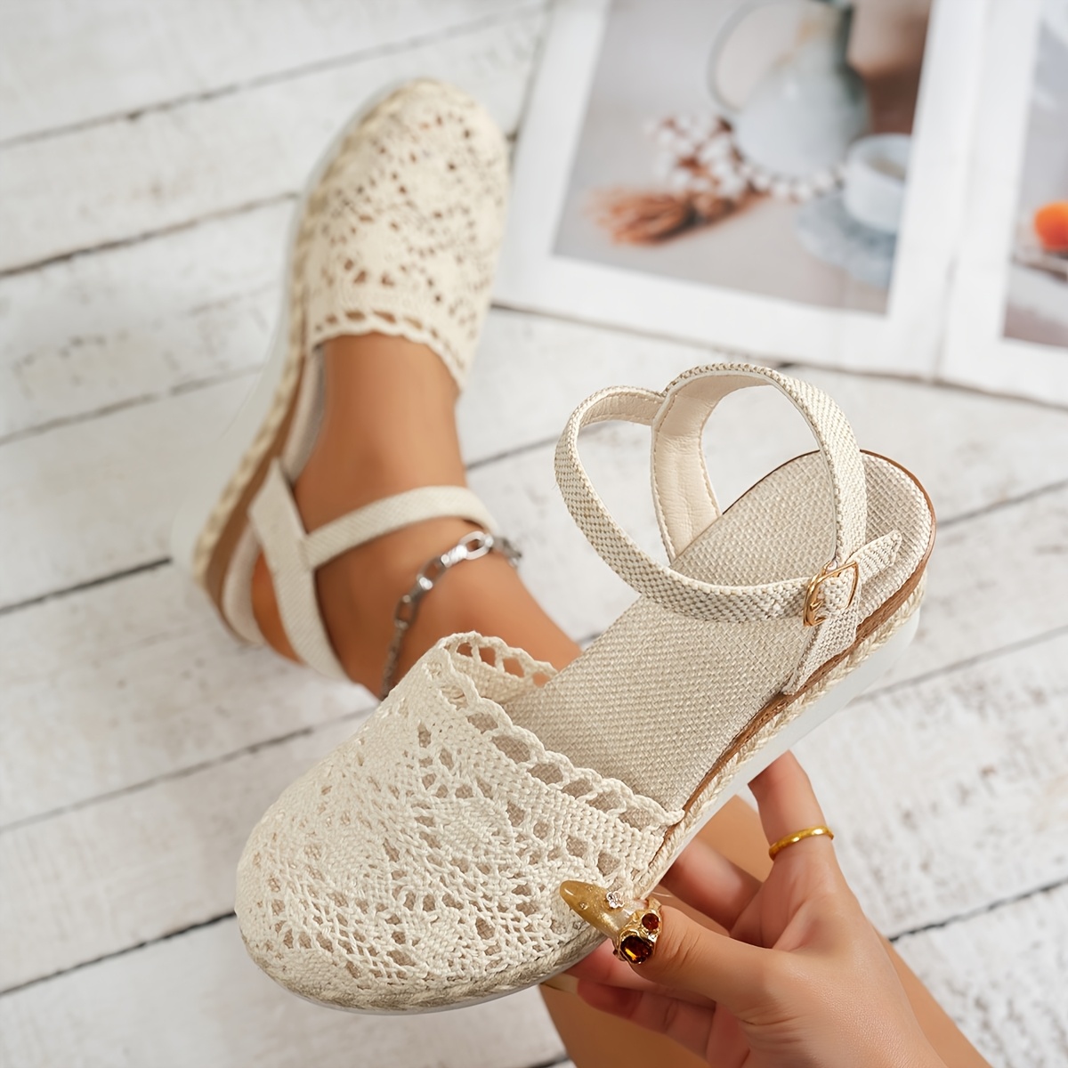 2026 summer new elegant womens thick soled wedge high heeled sandals comfortable and breathable mesh upper shock absorbing sole and ankle chain leisure vacation home must have fashion solid color versatile womens sandals women shoes