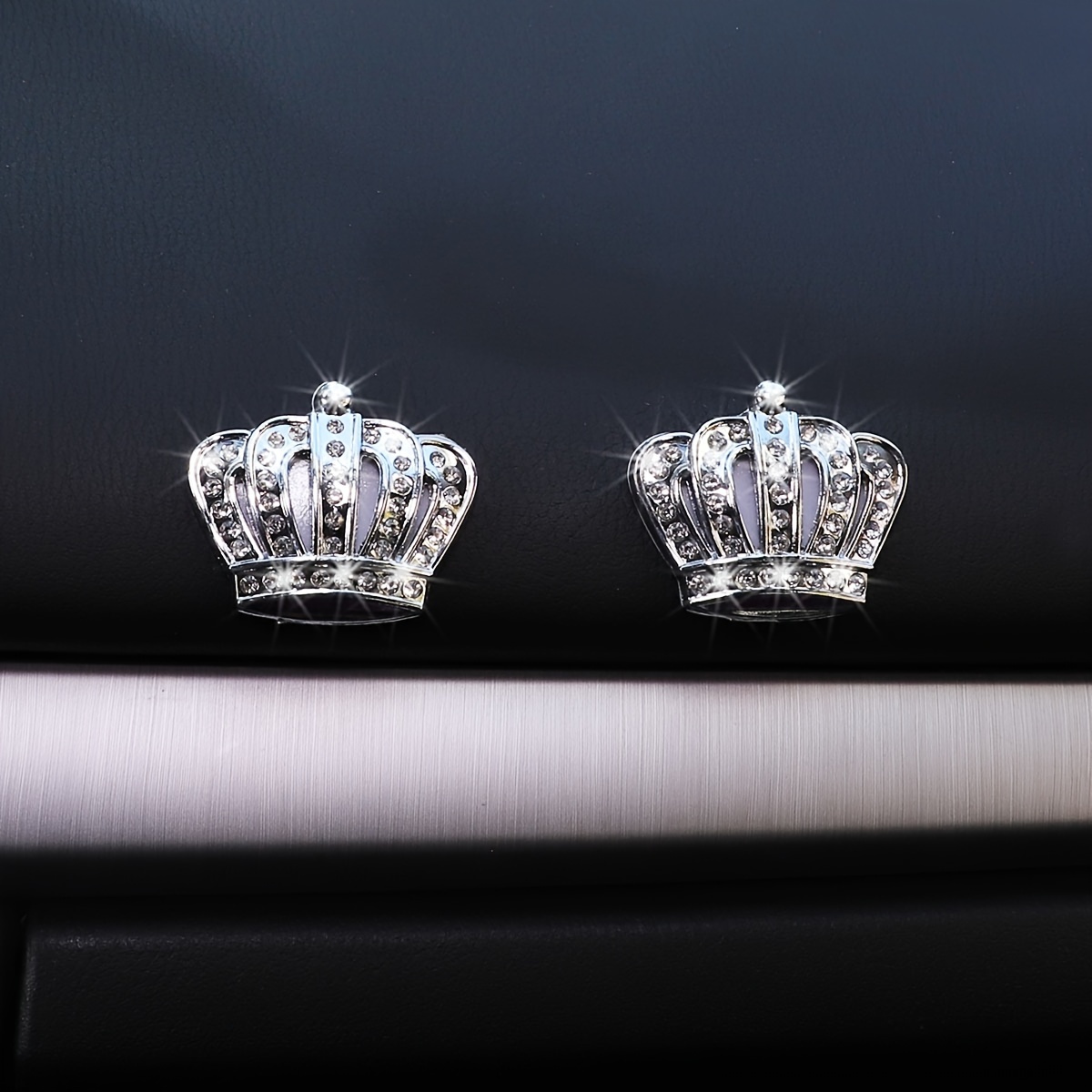 2 Glittering Metal Crown Emblems With Artificial Diamonds, , For Adhering To Car Interior And Exterior Accessories