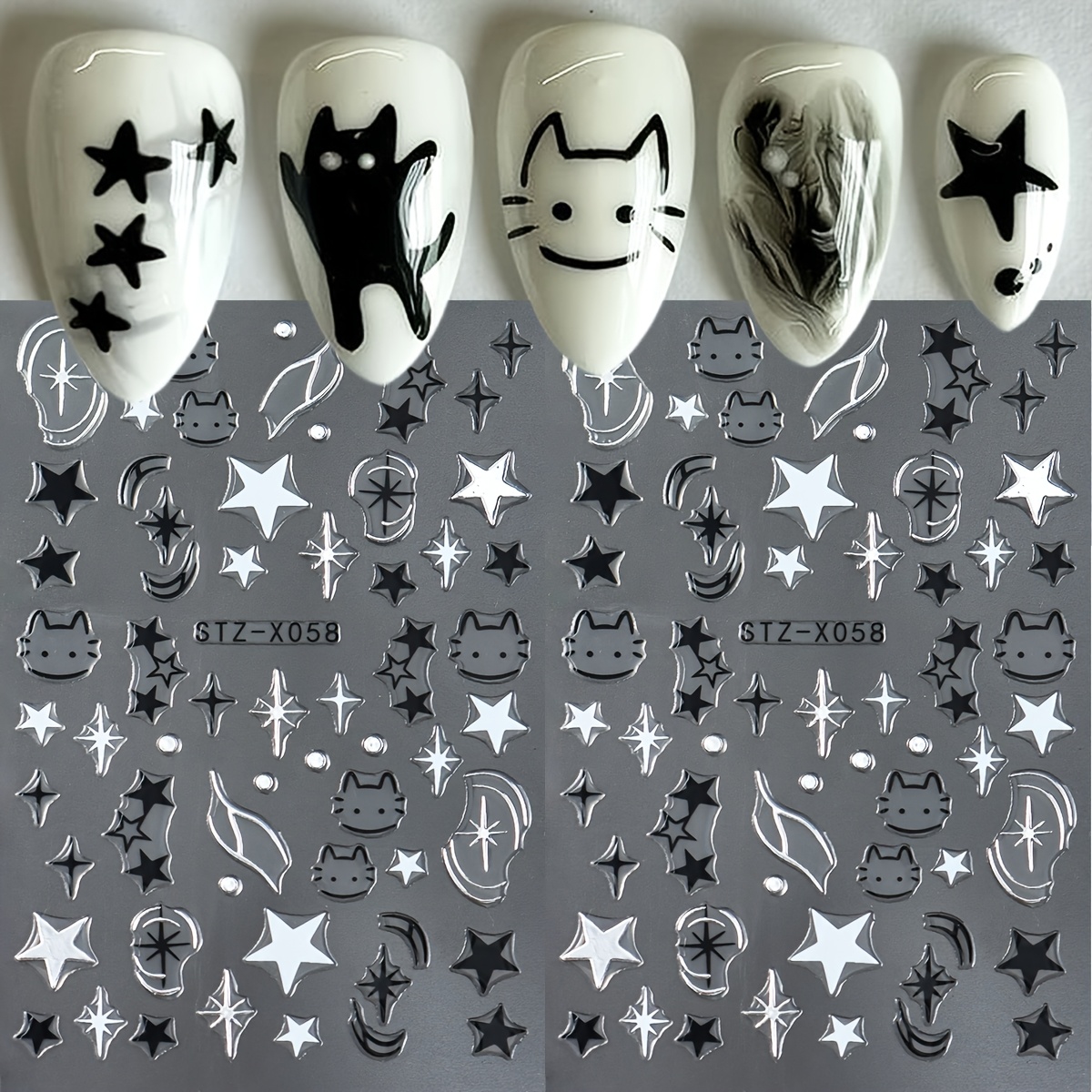 

1 Set Y2k-inspired & Art Stickers - Black & White Starburst Decals, Self-adhesive Plastic Nail Charms, Shimmery Glitter , Single Use Themed Nail Decorations With Animal Print