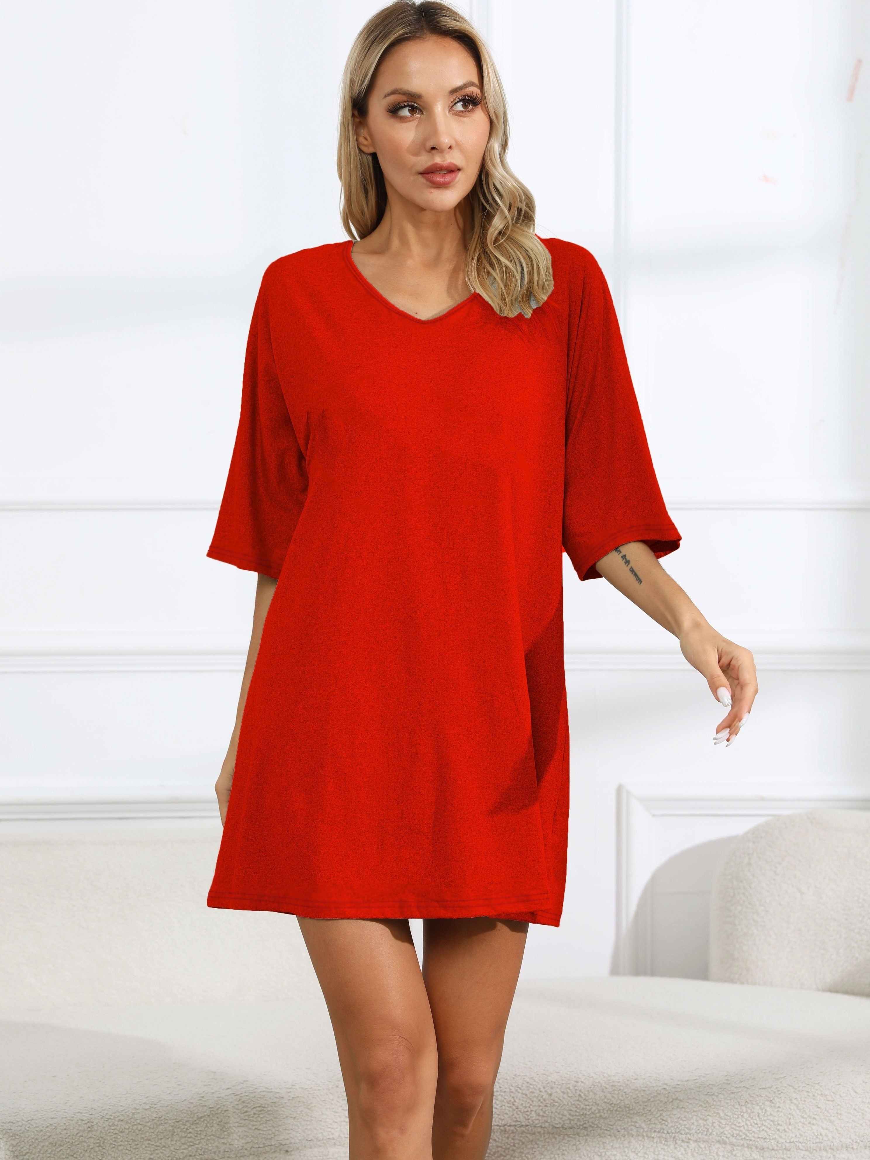 Women's Plus Basic Lounge Dress, Plus Size Solid Half Sleeve V Neck Loose Fit Sleep Dress