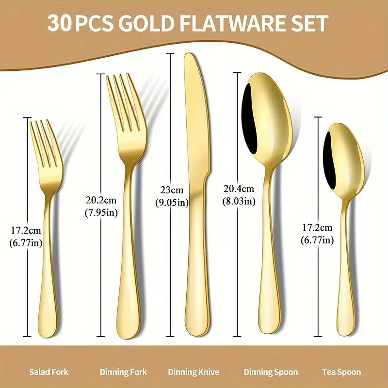 30pcs golden stainless steel silverware with gift box set 6 people forks and spoons flatware set polishing exquisite wooden box packaging ideal for business gifts weddings celebrations banquets Product details 1